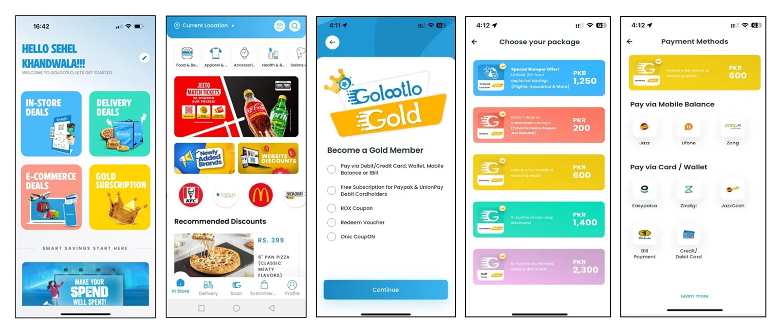 Golootlo's previous user flow: home, browse, Gold Membership, choose a package and payment methods