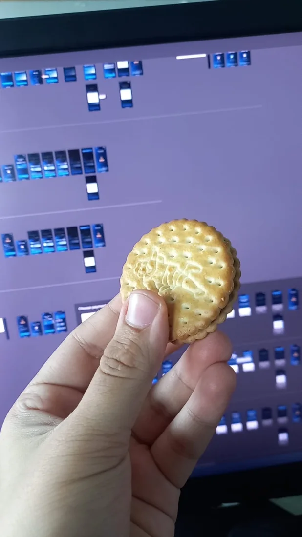 Behind the scenes: a hand holding a biscuit in front of a screen full of design work