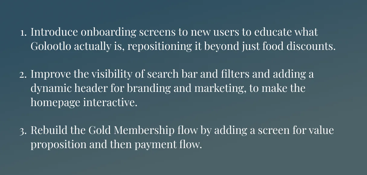 Golootlo ideation: onboarding, search and navigation, and Gold Membership flow solutions