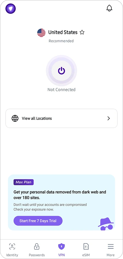 Redesigned PureVPN home screen with a Data Removal banner
